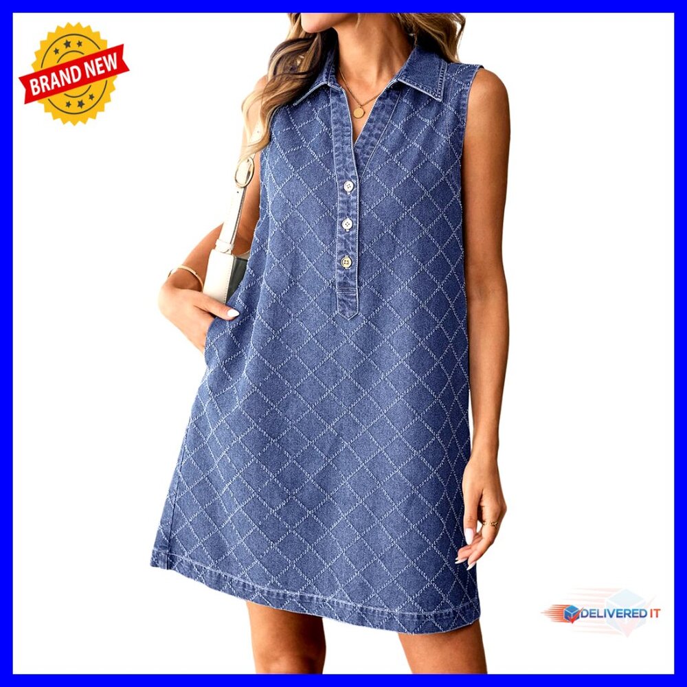 Sleeveless V-Neck Denim Mini Dress Casual Summer Shift Fit With Pockets